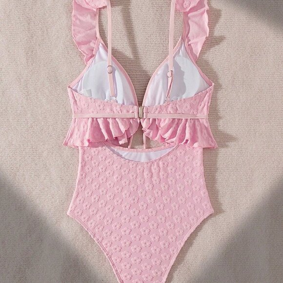 Pink Cute Women's Beach Vacation Jacquard Ruffle Trim One-Piece Swimsuit - Picture 5 of 8